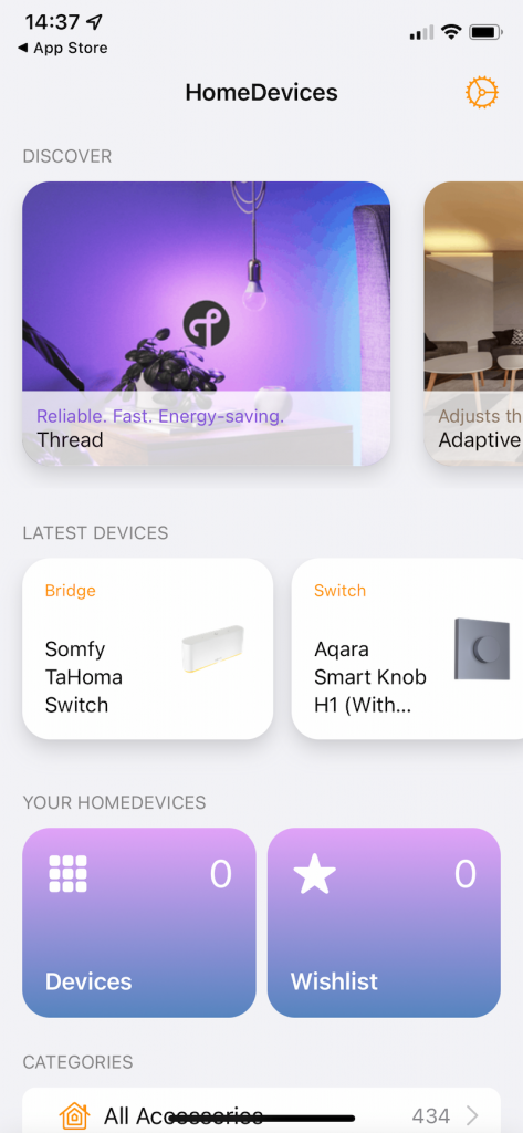Interface de l'application HomeDevices