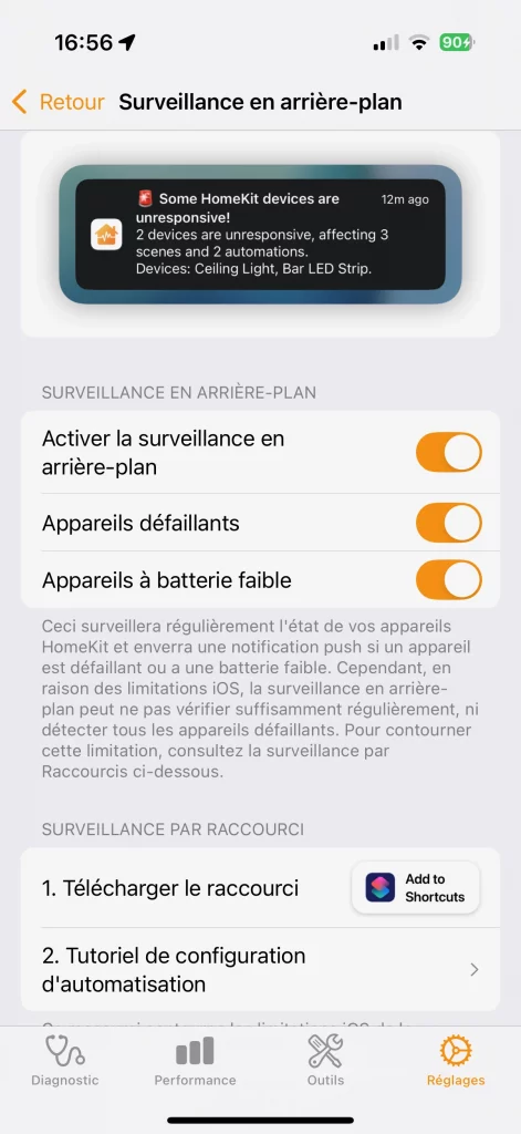 Parmi les réglages, on peut activer la surveillance en arrière-plan
