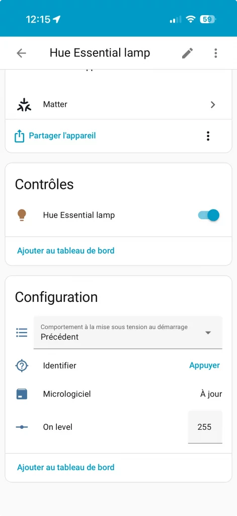 Dans Home Assistant on a en plus la possibilité de régler le comportement de la Hue Essential après une coupure électrique