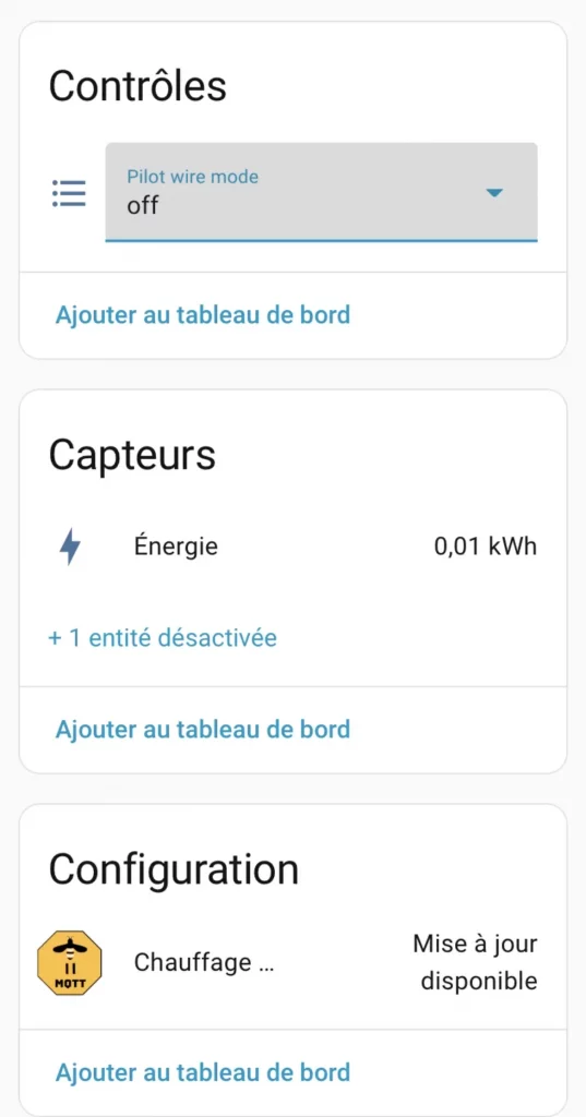 Dans Home Assistant on a la commande du fil pilote, la consommation et les mises à jour OTA
