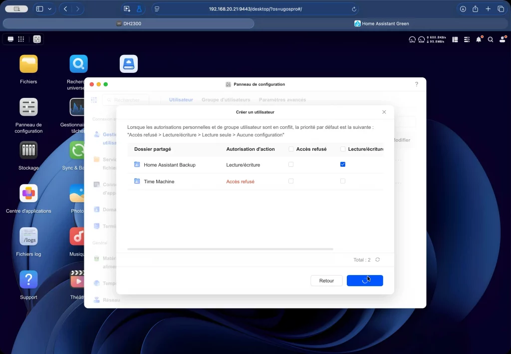 On donne les droits en lecture/écriture pour l'utilisateur Home Assistant