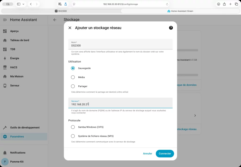Ajout d'un stockage réseau pour les sauvegardes Home Assistant