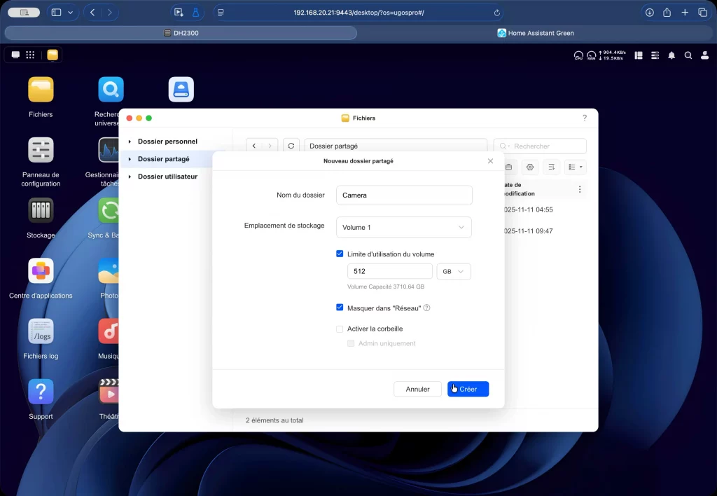 Création du dossier partagé avec limitation de la taille