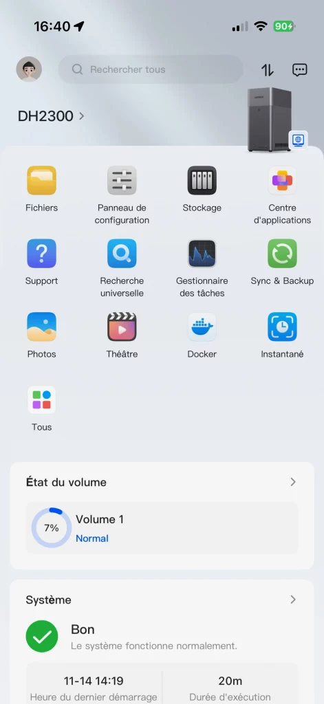 On retrouve une grande partie des fonctionnalité du UGREEN NAS DH2300 sur l'app mobile