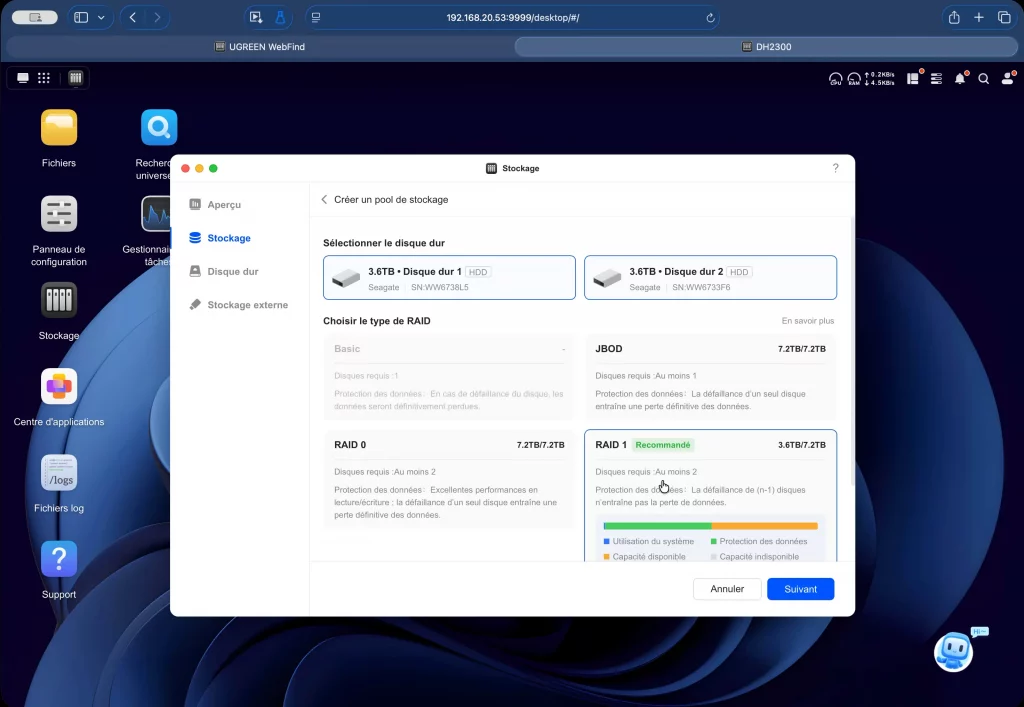 Création du volume de stockage. Ici, j'ai choisi le RAID 1.