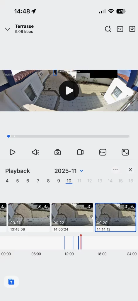 L'historique des enregistrements de la caméra Reolink Elite Floodlight Wifi