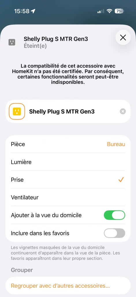 On peut choisir Lumière, Prise ou Ventilateur