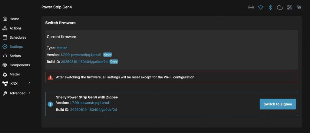 On peut mettre à jour la Shelly Strip pour utiliser le Zigbee au lieu de Matter via Wifi
