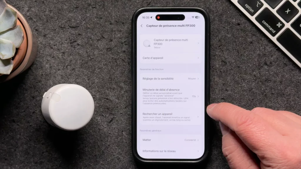 En thread, les réglages du détecteur de présence FP300 sont très limités