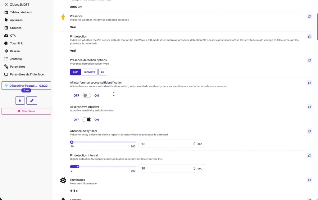 En Zigbee2MQTT, c'est la fête... Quasiment tous les réglages du détecteur FP300 sont disponibles