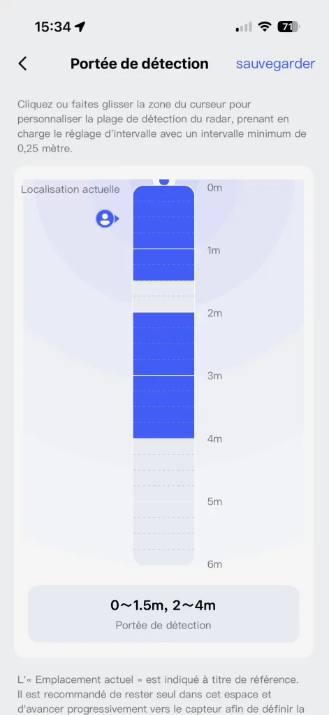 Les segments de détection de présence du FP300, de 0 à 6 mètres