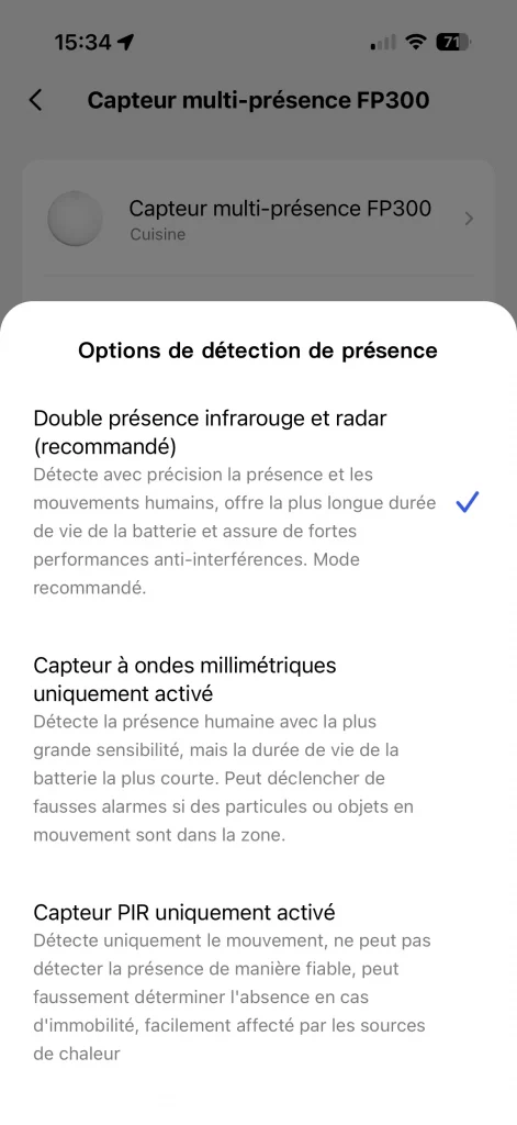 Les options de détection de présence du FP300