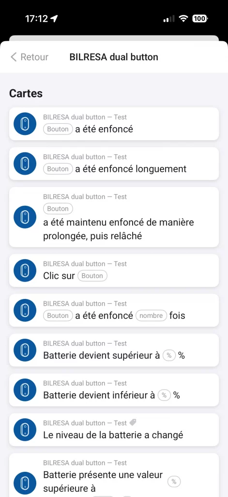 Les cartes disponibles dans les flow Homey