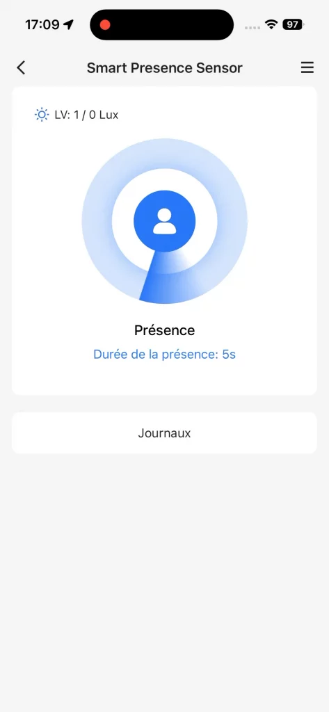 L'écran principal du détecteur MS605 dans l'app Meross