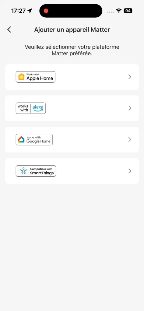 Le menu "Services liés" permet de mettre le MS605 en mode appairage pour Matter