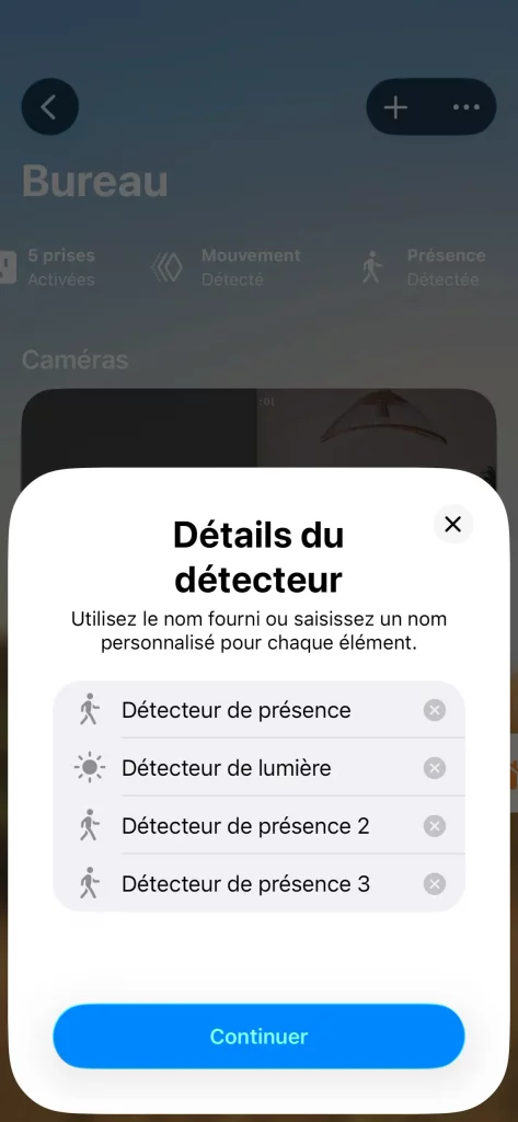 Dans Apple Maison, on retrouve bien le détecteur de luminosité et les 3 détecteurs de présences définis