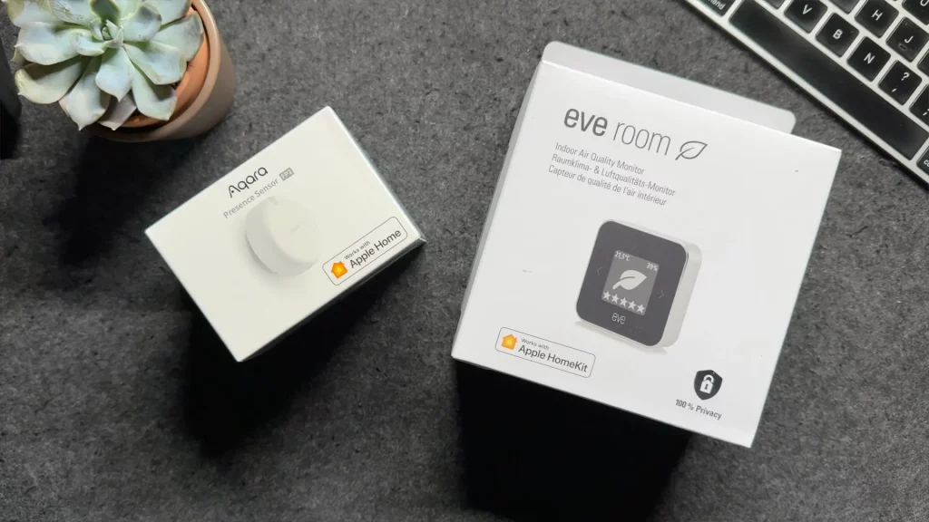 Les mentions "Works with Apple Home" et "Works with Apple HomeKit" indiquent la compatibilité des accessoires