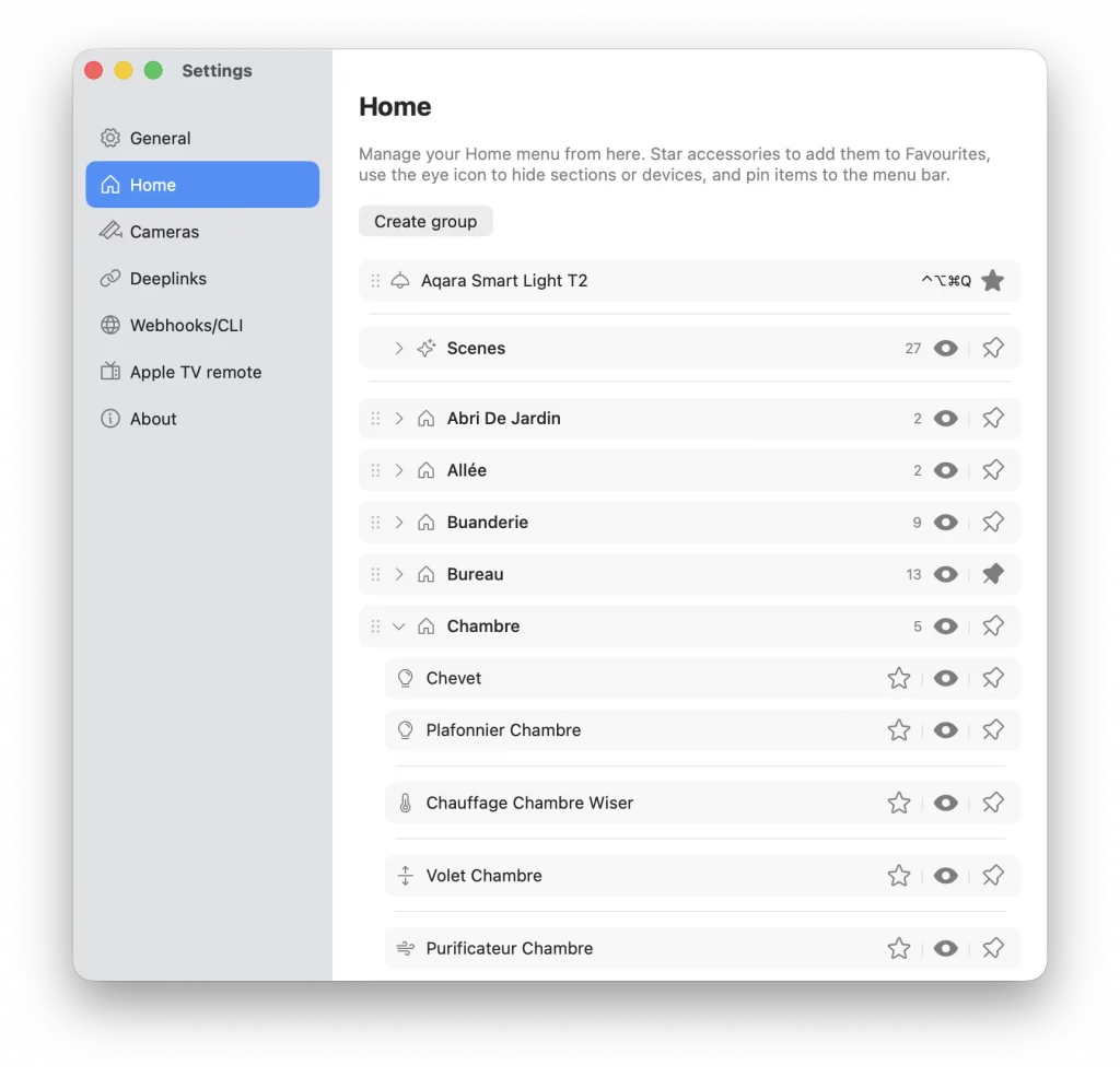 Les réglages de l'application Itsyhome