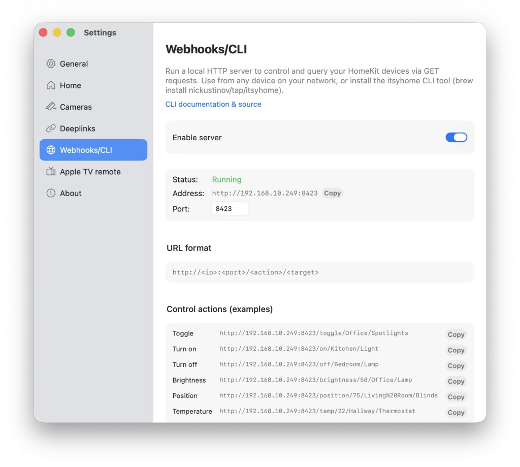 Itsyhome propose un serveur web pour l'accès à Maison via Webhooks et CLI