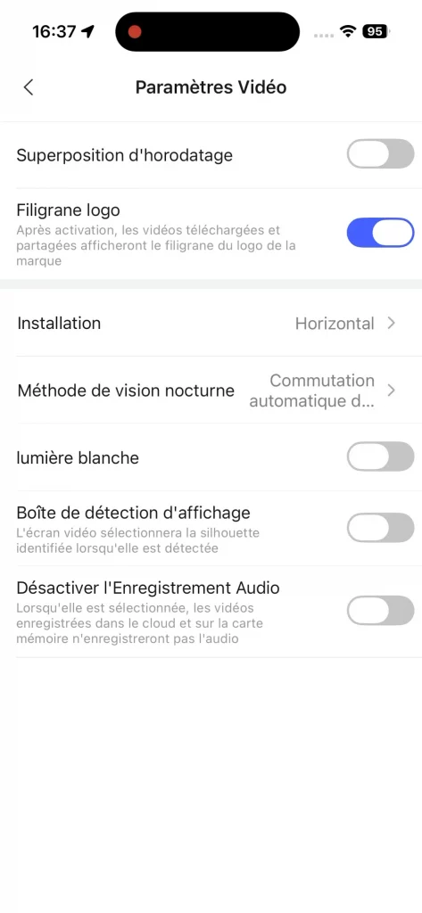Les paramètres vidéo de la caméra Aqara G100