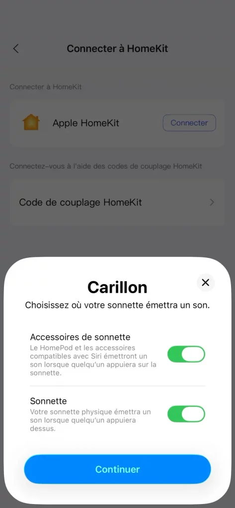Les options de carillon de la sonnette Aqara G400 dans Apple Maison