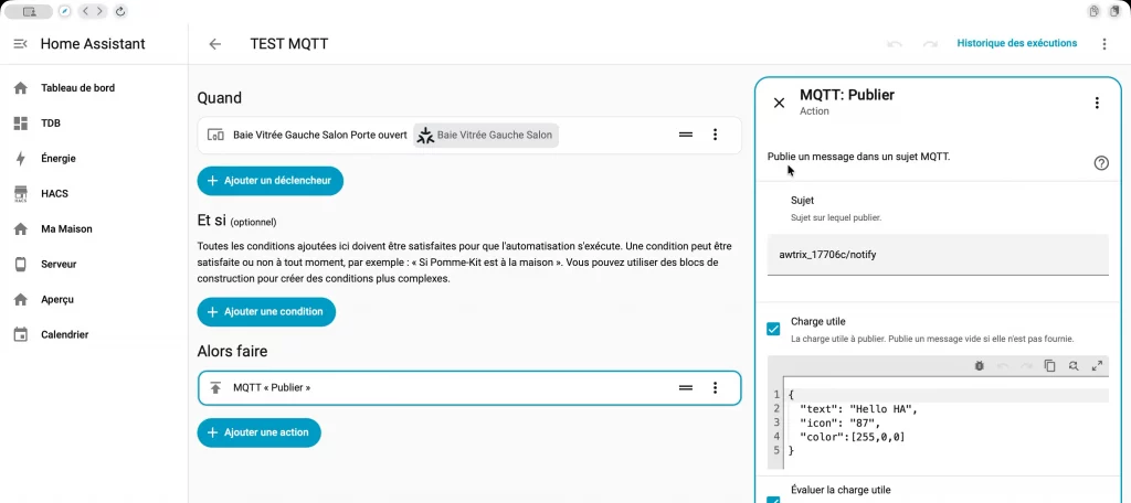 Dans Home Assistant on peut simplement utiliser "MQTT Publier"