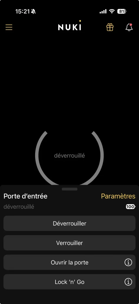 L'écran principal de l'application Nuki 