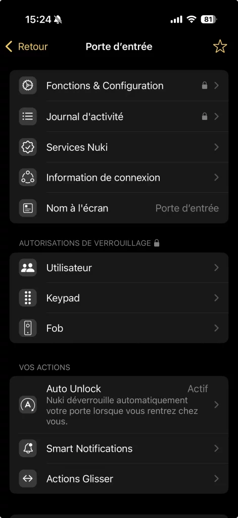 On dispose de nombreux réglages pour la serrure Nuki