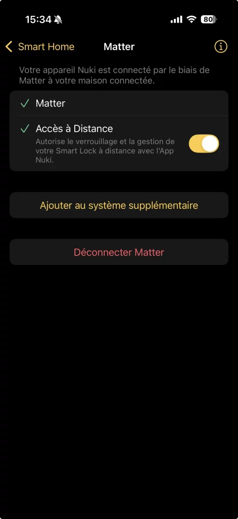 Un des réglages Nuki pour la Smart Home avec Matter
