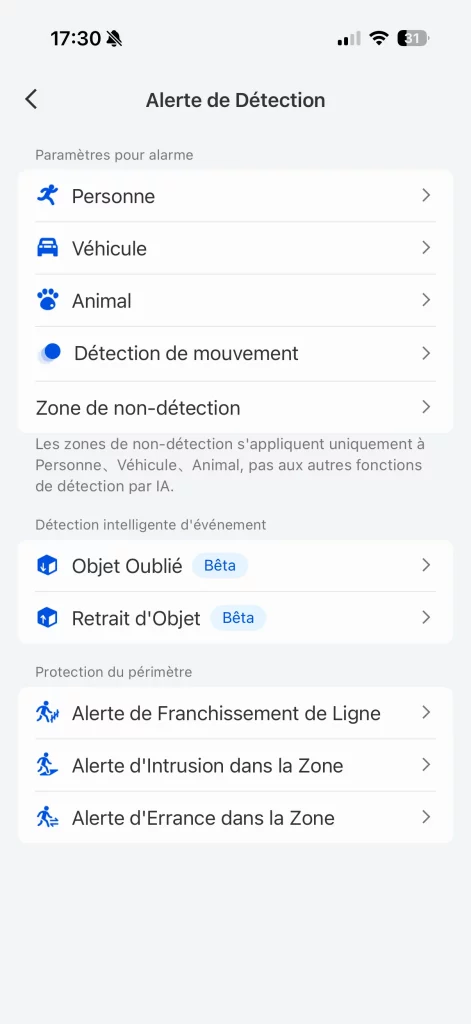 Les différentes alertes de détection dela caméra Reolink OMVi 3i PoE