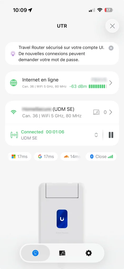 L'UTR est en ligne, connecté à l'UDM SE en Teleport