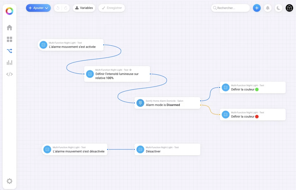 Dans Homey Pro l'automatisation de la veilleuse est très simple avec les Advanced Flow