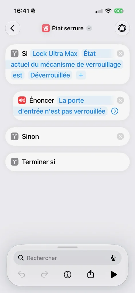 Un raccourci utilisé dans mon automatisation CarPlay m'indique si la porte est bien vérouillée